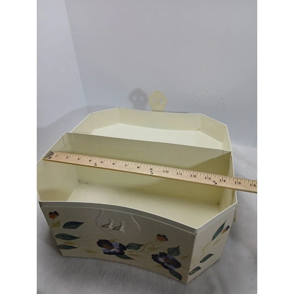 ​VINTAGE Hand Painted‎ Metal SEWING BOX CADDY Pansy Floral Trunk
